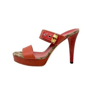 Gucci Platform Mule Heels Bamboo GG Canvas Leather Sandals 38